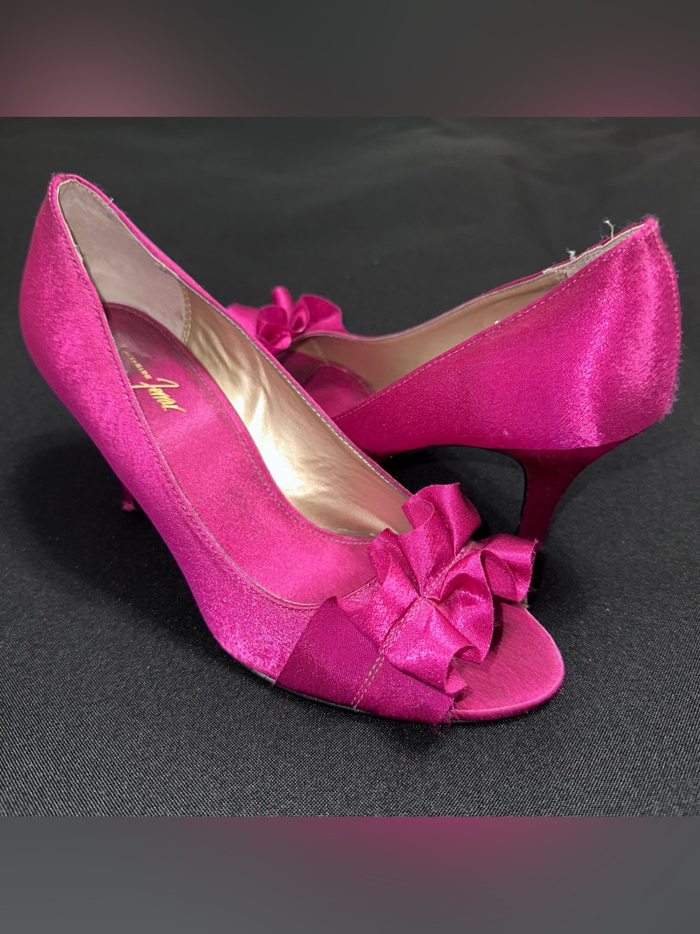 Jacqueline Ferrar size 7 Hot Pink Satin Peep-Toe Heels with Bow Ruffle detail